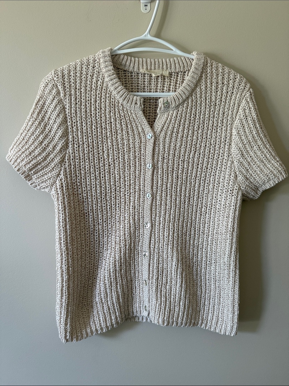 Light Cream Short-Sleeve Button-Front Knit Top